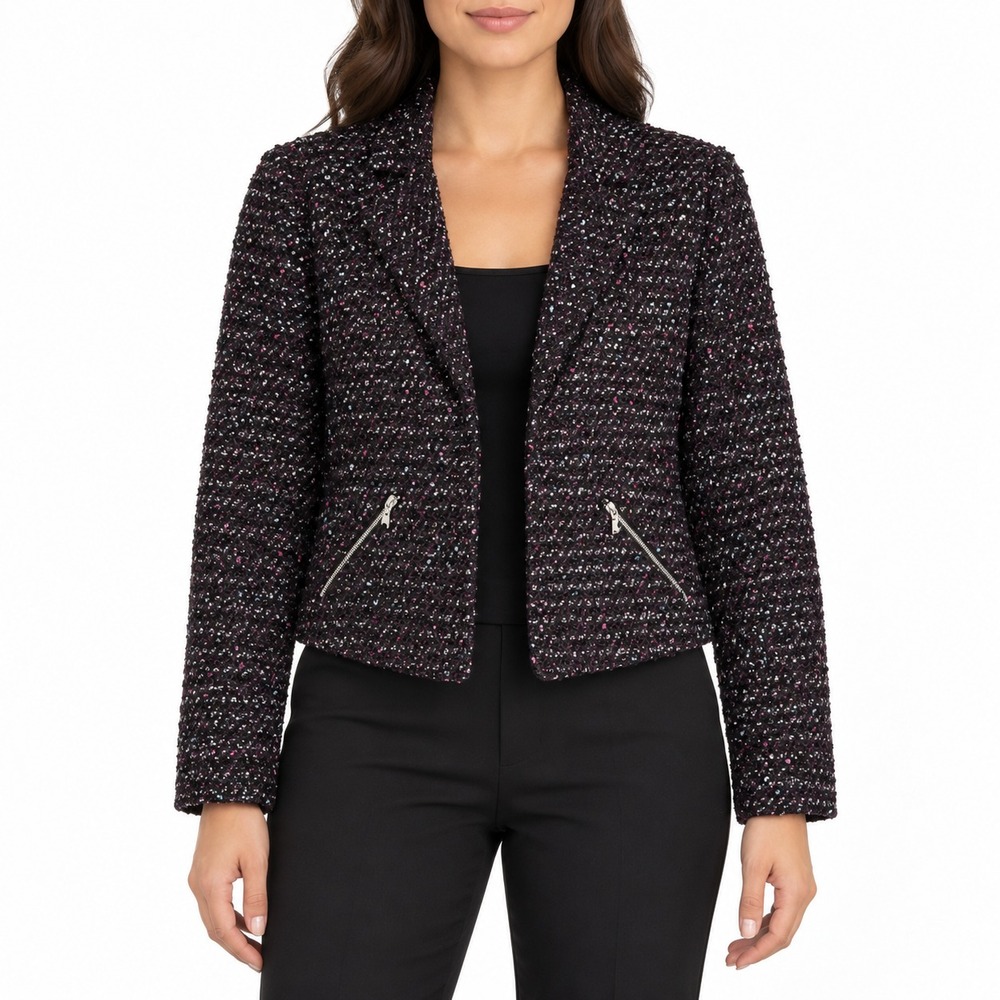 Chico's Metallic Eyelash Tweed Open Front Blazer Jacket Zip Pocket Size 1/Medium